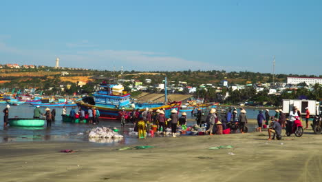 Vietnam-fishing-villagers-gather-on-beach-coast,-sorting-out-seafood-after-catch