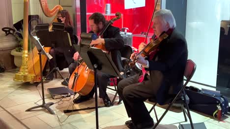 Orquesta-De-Cuerdas-Clásica-Bien-Vestida-Tocando-Una-Actuación-Musical-Frente-Al-Escaparate-De-Rodeo-Drive