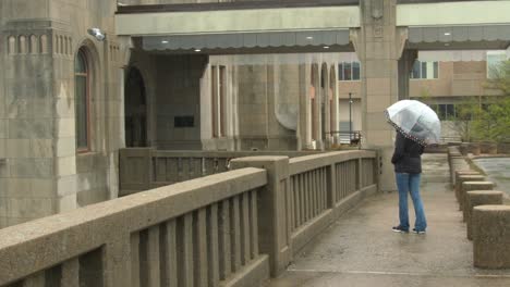 Slow-Motion-Cute-Girl-With-Umbrella-On-Rainy-Day-Scares-Up-Pigeons-Who-Fly-Away-As-She-Turns-And-Smiles-Stock-Video-Footage-Wide-Shot-#1