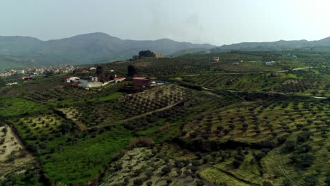 Stunning-panoramic-drone-view-over-farmlands,-olive--and-orange-orchards