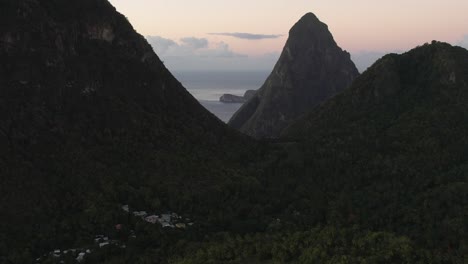 Aerial-view-of-Petit-and-Gros-Piton-with-beautiful-evening-sunset-backlight