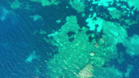 Espectacular-Vista-Superior-Del-Agua-De-Tonos-Azules-En-Medio-De-Los-Arrecifes-De-Coral-En-El-Océano-Poco-Profundo