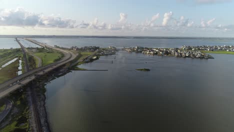 Aerial-drone-video-of-Highway-I45-into-Galveston