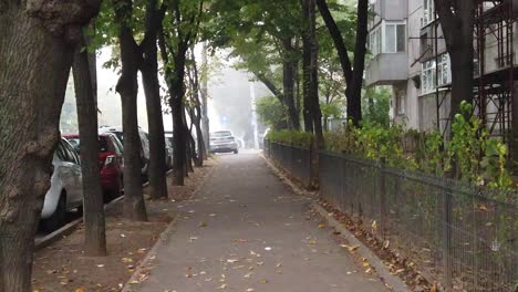 Bucharest,-Romania---October-:-Walking-on-the-foggy-street-of-Bucharest,-walk-on-the-alley-in-the-morning,-autumn-season