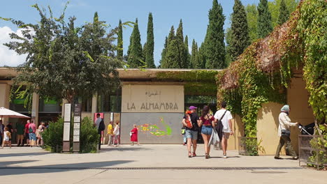Tourists-at-Alhambra-tickets-entrance,-Granada,-Spain