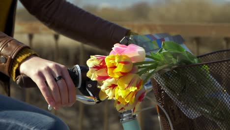 Mädchen-Fährt-Fahrrad-Mit-Tulpen-Im-Korb