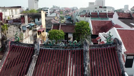 Aerial-view-of-Kew-Leong-Tong-Lim-Kongsi-clan-in-Lebuh-street,-drone-flyover-reveal-shot