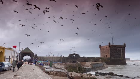 Wide-angle-view-of-the-port-and-entrance-to-Essaouira,-Morocco-on-a-stormy-day