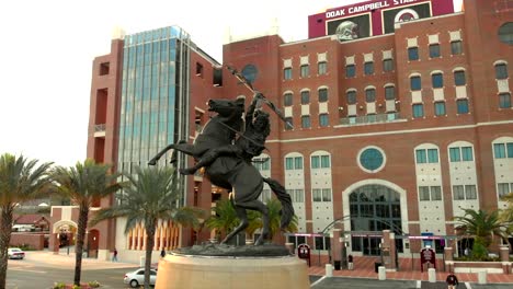 Aerial-View-of-Unconquered-Statue-at-FSU-Campbell-Stadium-During-Sunset