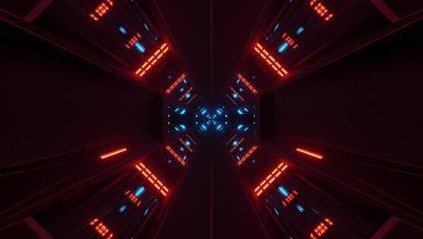 Slow-Forward-Motion,-Illuminated-Space-Tunnel,-Red-and-Blue-Neon-Lights,-3D