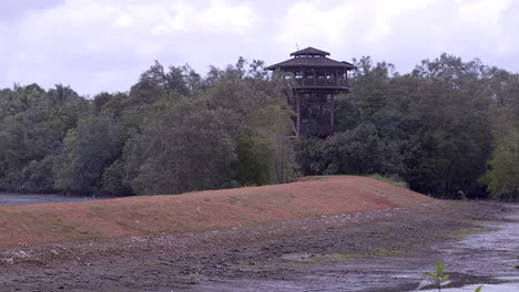 Ein-Hölzerner-Aussichtsturm-Im-Feuchtgebietsreservat-Sungei-Buloh,-Wo-Wildhüter-Und-Tierpfleger-Die-Verschiedenen-Im-Reservat-Lebenden-Tierarten-Beobachten-Können-–-Totalaufnahme