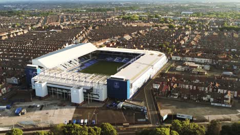 Iconic-Goodison-Park-EFC-football-ground-stadium-aerial-rising-view,-Everton,-Liverpool