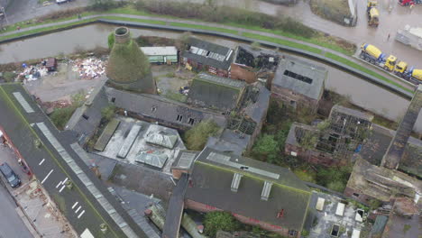 Aerial-view-of-Kensington-Pottery-Works-an-old-abandoned,-derelict-pottery-factory-and-bottle-kiln-located-in-Longport,-Industrial-decline