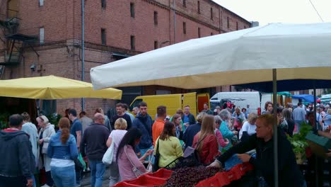 Large-central-market-in-Latvia,-people-doing-grocery-shopping,-day,-static