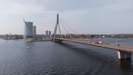 Aerial-view-of-Vansu-bridge-in-Daugava-river,-Riga,-Lavia,-day,-static