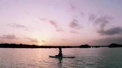 Sup-Boarder-Steigen-Während-Einer-Sonnenaufgangstour-Auf-Dem-Bacalar-See-In-Mexiko-Von-Ihren-Brettern