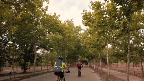 Eine-Gruppe-Radfahrer-überholt-Die-Kamera-In-Einem-Stadtpark