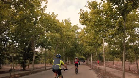 A-group-of-cyclists-overtaking-the-camera-in-a-city-park