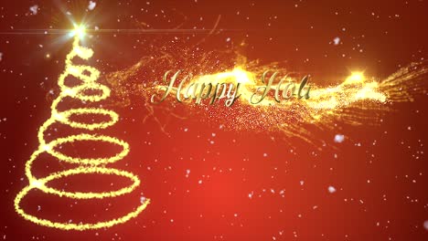 Stylish-Red-Christmas-Motion-Graphic-with-animated-snow-and-spiral-Christmas-tree-in-glittering-sparkles-with-a-firework-burst-revealing-the-star-on-top,-and-the-message-�Happy-Holidays??