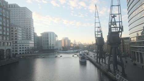 Looking-out-the-window-of-DLR-train-London-docklands-at-sunset