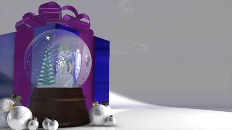 A-stylish-and-highly-realistic-3D-CGI-endframe,-with-silver-Christmas-decorations-and-a-snowman-snow-globe-on-a-seamless-background,-with-space-for-a-message-or-tag-line-of-your-choice