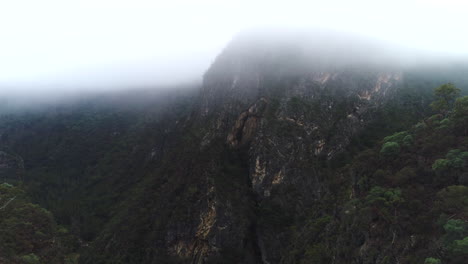 Aerial-drone-flying-backwards-and-close-to-canyon-tree-line-revealing-huge-rock-mountains-and-thick-Australian-bush-land-on-a-foggy-winter-morning-in-the-Bungonia-National-Park-NSW-Australia