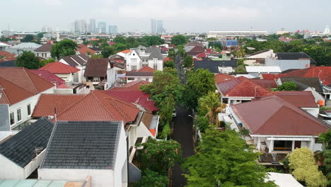 Luftdrohnenaufnahme-Eines-Vorortes-Im-Süden-Von-Jakarta-Und-Häuser-Mit-Einigen-Bäumen