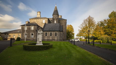 Time-Lapse-of-the-historical-building-of-local-priest-building-at-the-Mullingar-Cathedral-park-alley-during-the-day