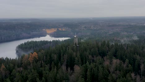 Aerial-view-of-Aulanko-tower-in-the-city-of-Hämeenlinna