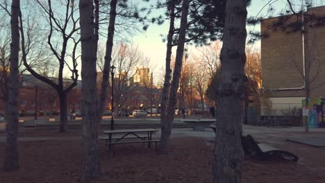 City-park-deserted-on-cold-clear-day-at-sunset