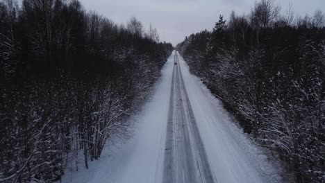 Aerial-revealing-view-of-winter-road-alley-surrounded-by-snow-covered-trees-in-overcast-winter-day,-small-snowflakes-falling,-car-driving-trough,-wide-angle-ascending-drone-shot-moving-backwards