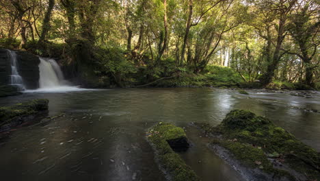 Panorama-motion-time-lapse-of-forest-waterfall-in-rural-landscape-during-autumn-in-Ireland