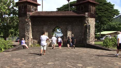 The-entrance-of-the-Notre-Dame-Cathedral,-Taiohae,-Nuku-Hiva,-French-Polynesia