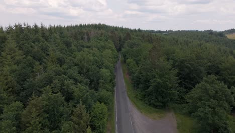 Vuelo-De-Drones-Hacia-Atrás-Sobre-Una-Carretera-Asfaltada-Que-Pasa-Por-Un-Enorme-Bosque-De-Pinos-En-Una-Región-Montañosa