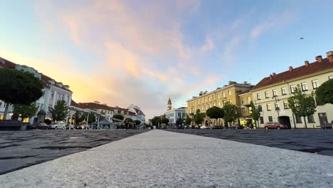 Extreme-low-angle-ground-surface-floor-pov-of-Town-hall-square-in-Vilnius,-Lithuania
