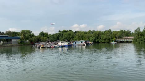 Qantas-air-flight-in-final-approach-to-Changi-Airport,-flying-low-over-Changi-Beach-Park