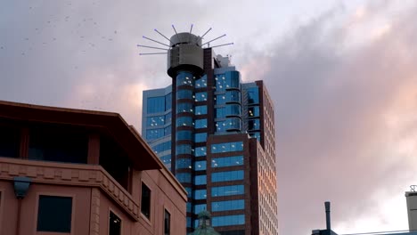 El-Majestuoso-Bloque-De-Oficinas-De-Gran-Altura-Del-Centro-En-El-Distrito-Central-De-Negocios,-El-Edificio-Más-Alto-Contra-Una-Puesta-De-Sol-De-Color-Rosa-En-La-Capital-Wellington,-Nueva-Zelanda-Aotearoa