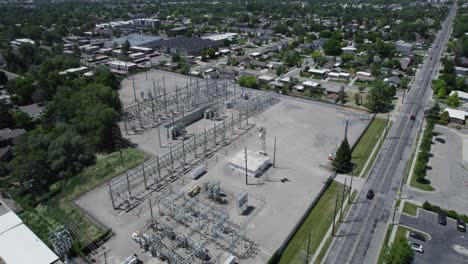 Power-Grid-Station-for-Electricity-in-Urban-Utah-Residential-City,-Aerial