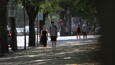A-Young-Couple-Walking-On-Sidewalk-Under-Trees-In-Liberdade,-Brazil---slow-motion-shot