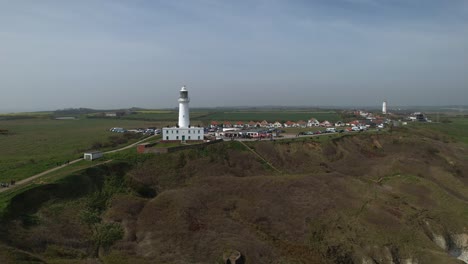Wide-aerial-view-over-the-Flamborough-Head-Lighthouse-in-Yorkshire-England