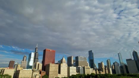 Early-Morning-Timelapse-Of-City-Of-Chicago-Skyline-White-Puffy-Clouds