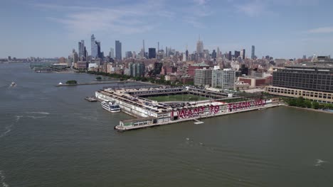 Aerial-view-of-Pier-40-with-the-text-I-Want-to-thank-you,-at-Hudson-River-Park,-in-sunny-New-York,-USA