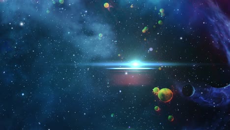 Nebulosa-Colorida-Y-Varios-Planetas-Pequeños-Moviéndose-En-El-Espacio-Oscuro