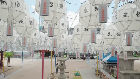 Bongeunsa-Temple---big-white-rounded-paper-lanterns-with-Chinese-letters-and-blessing-cards-hanging-on-lines-for-display-in-celebration-event-and-people-in-masks-praying-during-covid-19-pandemic