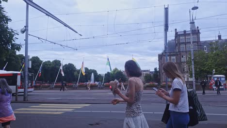 Blick-Auf-Den-Verkehr-Und-Die-Fußgänger-Am-Buitenhof,-Die-An-Einem-Bewölkten-Tag-In-Der-Niederländischen-Stadt-Den-Haag-Spazieren-Gehen