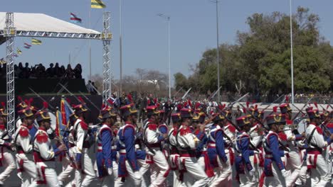 Military-marching-band-perform-in-a-parade-in-Brasilia,-Brazil-on-Soldier-Day