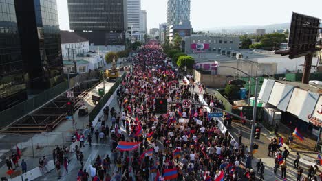 Aerial-view-of-a-parade-celebrating-the-Armenian-independence-day,-in-Los-Angeles,-USA