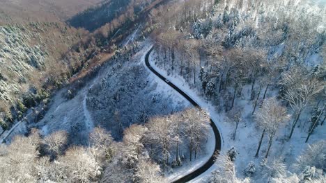 Luftaufnahme-Von-Autos,-Die-Auf-Einer-Kurvigen-Winterlandstraße-Im-Verschneiten-Wald-Fahren