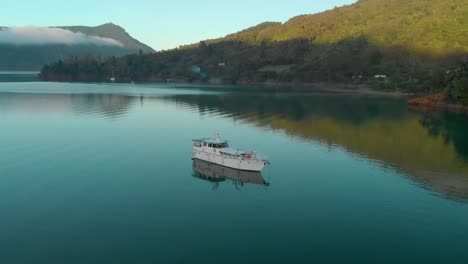 Cámara-Lenta---Vuelo-Aéreo-Matutino-Alrededor-De-Un-Crucero-Anclado-En-La-Bahía-En-Los-Sonidos-De-Marlborough,-Nueva-Zelanda