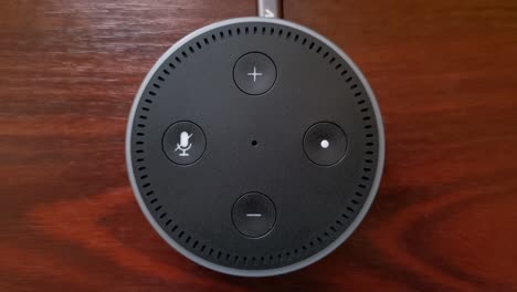 Nahaufnahme-Eines-Mädchens,-Das-Die-Stummschalttaste-Auf-Dem-Amazon-Gerät-Alexa-Echo-Dot-Drückt